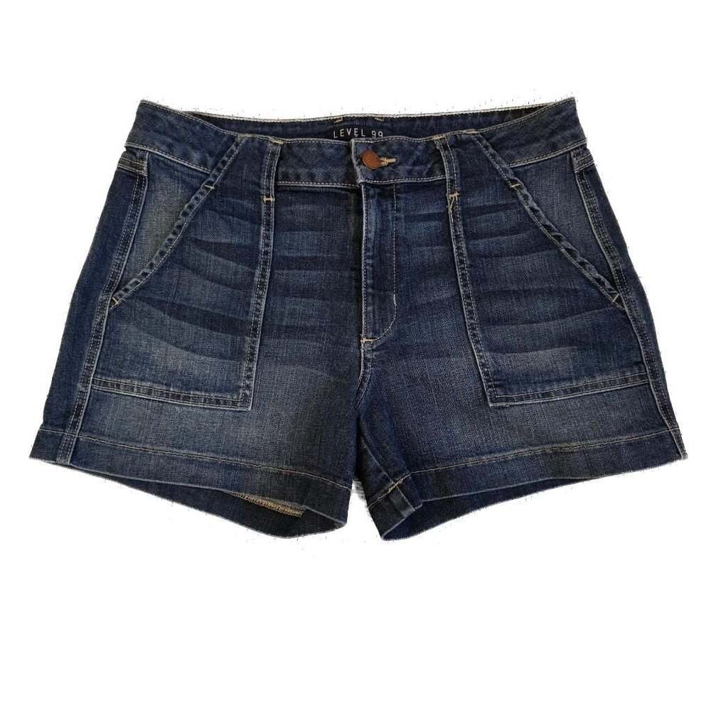 Level 99 Women's Dark Wash Denim Patch Pocket Utility Shorts Style EY1441
